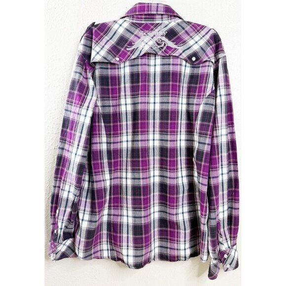 Scentsy 3XL Urban Cowgirl Plaid Pearl Snap Shirt Embroidered Logo Purple Blk EUC - Picture 2 of 5